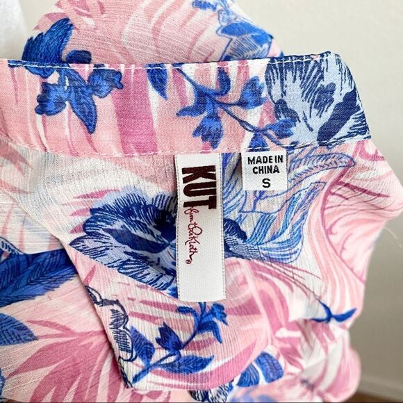 Kut from the Kloth Pink Blue Floral Sheer Relaxed Roll Tab Button Down Top S - Picture 7 of 8